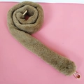 Detail view of soft brown faux fur replacement shoulder strap with gold metal lobster clasps - Khaki
