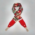 Bandoulière large réglable à motif floral avec attaches en cuir rouge et crochets dorés en métal - Fermoir en Argent / Vigne Rouge