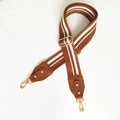 Detail of adjustable brown and white striped bag strap with gold metal hooks - Brown Stripe with Brown Leather and Gold Hook
