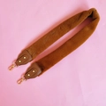 Brown faux fur wide bag strap with gold metal hooks and leather reinforced ends - Brown
