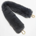 Détail de la bandoulière en fausse fourrure gris foncé avec mousquetons en métal doré - Gris clair