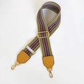 Close-up of wide striped crossbody bag strap with yellow leather and gold hardware - Yellow + Yellow Leather