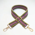 Detailed view of adjustable wide woven bag strap with colorful ethnic stripes and gold hooks - Silver Clasp / Yellow and Blue Stripes