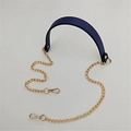 Detail of navy blue PU leather strap with golden metal chains and lobster clasps - 120cmx2.2cm / Blue