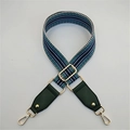 Detail view of woven bag strap with blue and green geometric patterns and gold clips - 3.8cm Wide / Blue + Green
