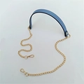 Detail view of sky blue PU leather handle and light gold metal chain strap with lobster clasps - 120cmx2.2cm / Lake Blue