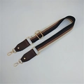 Close-up of adjustable striped canvas bag strap with leather ends and gold metal hooks - Coffee (Style 2)