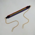 Detail of colorful rainbow fabric strap with gold metal chains and lobster clasps - No.22 Black Colorful Vertical Stripes