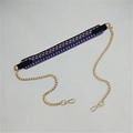 Close-up of ethnic woven strap with blue pattern, golden chain, and metal clasps - No.21 Black Ethnic Pattern