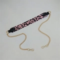Detail view of pink leopard print fabric strap with gold metal chain and lobster clasps - No.10 Pink Spotted