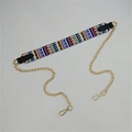 Detail view of colorful geometric ethnic strap with golden metal link chain and lobster clasps - No.6 Colorful Stripes