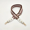 Adjustable striped fabric wide shoulder strap with golden metal hooks and white faux leather - Silver Clasp / Brown Pink Striped White Leather End