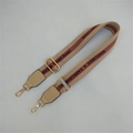 Adjustable wide woven bag strap with brown stripe patterns and golden metal snap hooks - Khaki