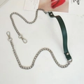 Detail of silver chain strap with dark green leather shoulder pad and lobster clasps - Plain Green + Silver Chain