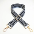 Detail showing high-quality black and white striped woven strap with gold metal swivel hooks - Black