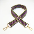 Detail of adjustable wide striped strap with golden swivel hooks and vintage weave - Yellow Green Stripe