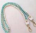Sky blue and white woven bag strap with golden lobster clasps and white leather ends - 80cm / Rope Light Green