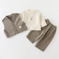 Three-piece baby boy outfit with beige sweatshirt and dark khaki vest and pants - Brown and Beige / 73cm