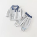 Survêtement gris à manches longues pour tout-petit avec col polo bleu et ours - Gris clair / 73cm