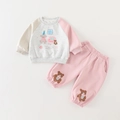 Casual set voor babymeisjes in lichtgrijs en roze met schattige cartoonbeerprint - 73cm