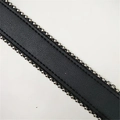 Black leather strap with double silver metal rivets and elegant stitch details - 120cm / Black (Gunmetal Chain)