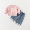 Ensemble fille avec sweat rose lapin et jean à nœuds avec bordure en dentelle - 73cm / Rose