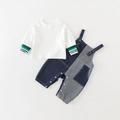 Baby tuinbroek set met blauwe patchwork broek en wit shirt met lange mouwen voor baby's - Blauw / 73cm