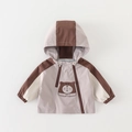 Baby windjack met capuchon, beige en grijs patchwork en schattig beerzakdetail - 73cm / Bruin