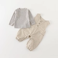 Infant two-piece set featuring striped long-sleeve shirt and khaki overall suspender pants - 73cm / Apricot