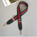 Adjustable green and red striped wide woven strap with gold hardware and leather ends - Green/Red/Green With Green Leather