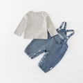 Ensemble bébé avec t-shirt à rayures et salopette en jean avec broderie de tasses à café - Taille 73 / Bleu