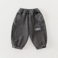 Boy's dark grey washed denim joggers with elastic waist and stylish leg embroidery - Washed Black Gray / 73cm