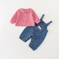 Completo bimba con camicia a quadretti rossi e salopette di jeans blu outfit casual moda - 73cm / Blu