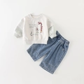 Casual kinderset met lichtgrijze hondensweatshirt en blauwe wijde denim broek - 73 / Groen