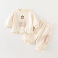 Survêtement beige deux pièces pour bébé fille avec broderies fleurs et dentelle - 73cm / Beige