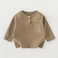Earth brown long sleeve baby boy henley shirt with pocket and buttons in soft cotton - 73cm / Brown