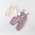 Infant girl two-piece autumn set with cream ruffle top and purple bunny overall pants - 90cm / Purple