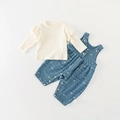 Cute baby girl autumn outfit with cream ruffled sweater and blue polka dot overalls - 73cm / Blue