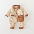 Quilted baby romper with bear print and 3D plush bag for autumn and winter warmth - Size 66 / Brown