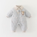 Light blue quilted long-sleeve infant romper with a cute bear and plaid pockets - Blue / 66cm