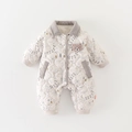 Thickened beige baby romper with forest print and 3D plush bear detail for winter - 66cm / Gray