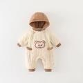 Quilted infant romper in off-white with brown hood and cute bear embroidery patch - Top And Bottom / Beige / 66cm