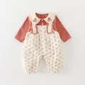 Conjunto de bebé pelele floral acolchado con top naranja y cuello bordado detallado - Beige / 73cm