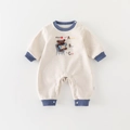 Gevoerde baby romper met lange mouwen in crème met blauwe bies en beer borduur - 66CM / Blauw
