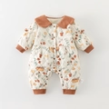 Quilted floral baby romper with brown corduroy trim and warm padded cotton fabric - Brown / 66cm