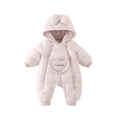 Pink quilted hooded baby romper with bow details and heart embroidery for winter warmth - 66CM / Pink