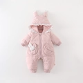 Pink hooded baby romper with cute rabbit ears and warm fleece lining for winter wear - Pink / 73cm
