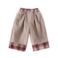 Winter warm khaki fleece wide-leg trousers for baby girls with red plaid patchwork - Red / 73cm