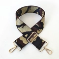 Close-up of camouflage wide shoulder strap with golden metal carabiners and adjuster - Camo Coffee Gold Thread
