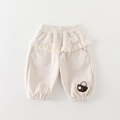 Infant girl beige padded cotton trousers with lace waist and flower embroidery detail - Beige Pants / 73cm